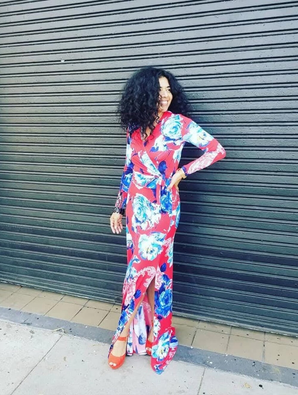Source Unknown Red Floral Wrap Maxi Dress with Blue Accents